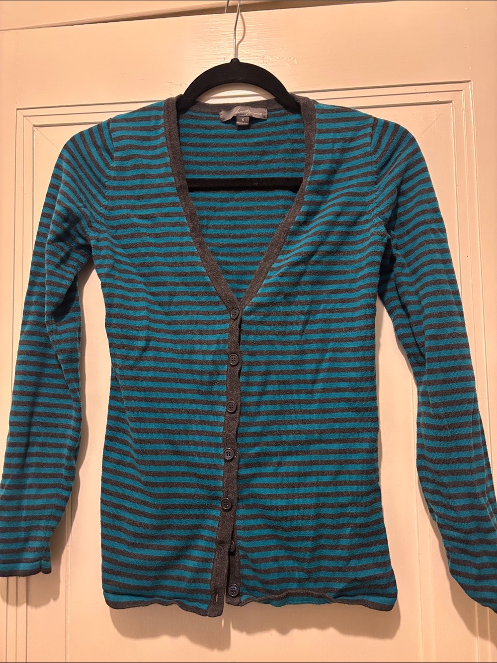 Teal & Black Striped V‑Neck Button Cardigan